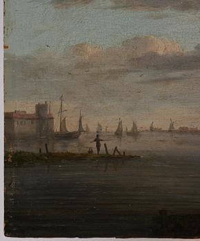 Marten Jacobus Waefelaerts, A river landscape with boats, figures, a castle and a town beyond.