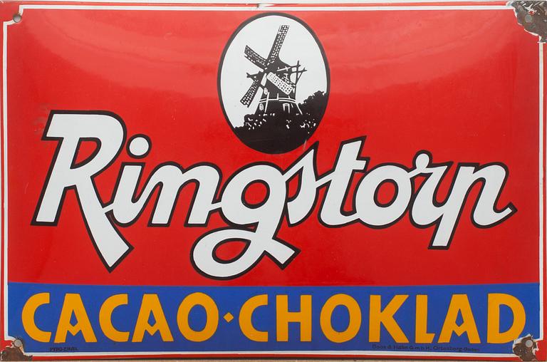 REKLAMSKYLT, emalj på plåt. " Ringstorp Cacao Choklad".