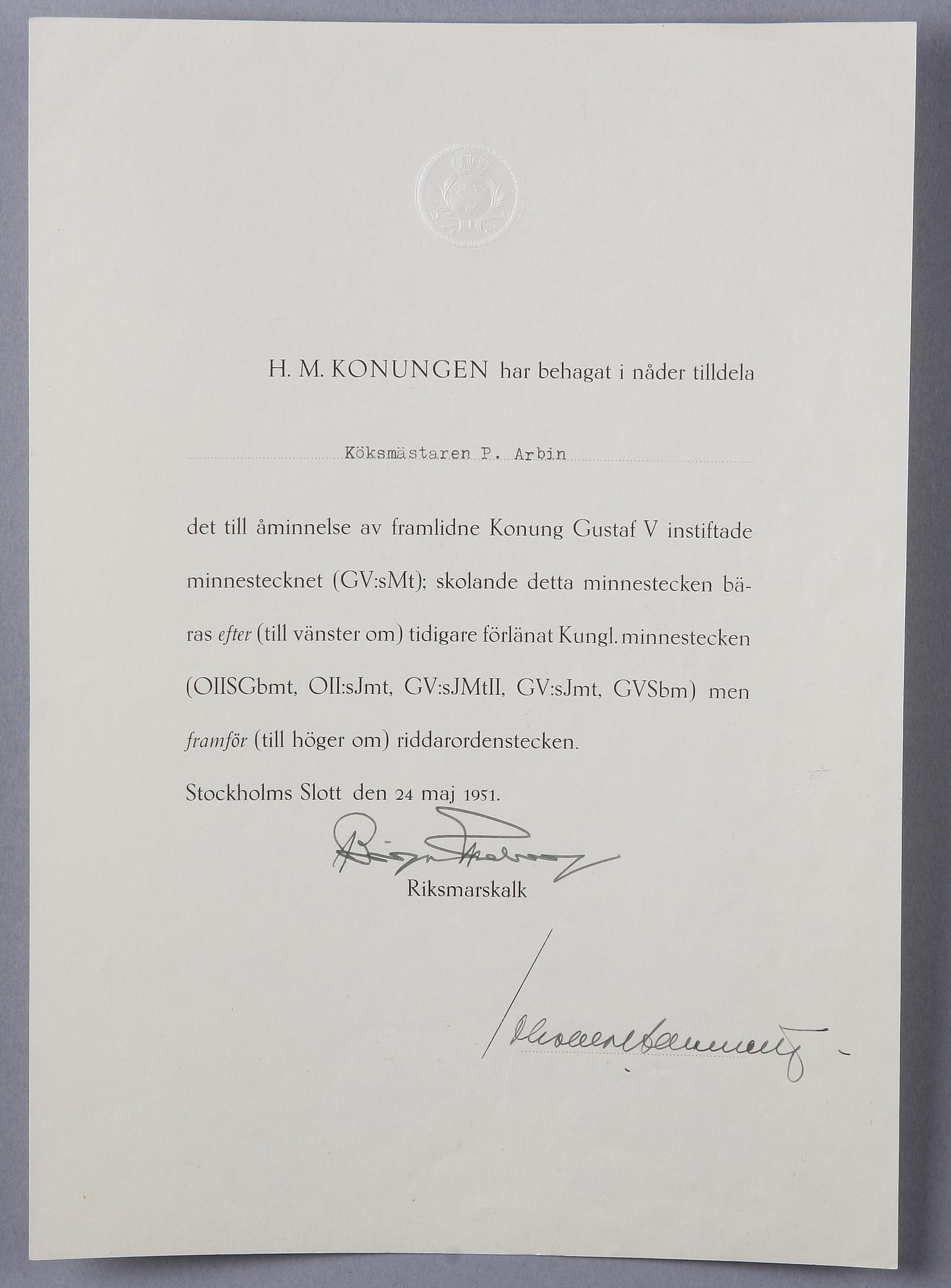 MEDALJ, silver, Gustaf V:s minnestecken, 1950.