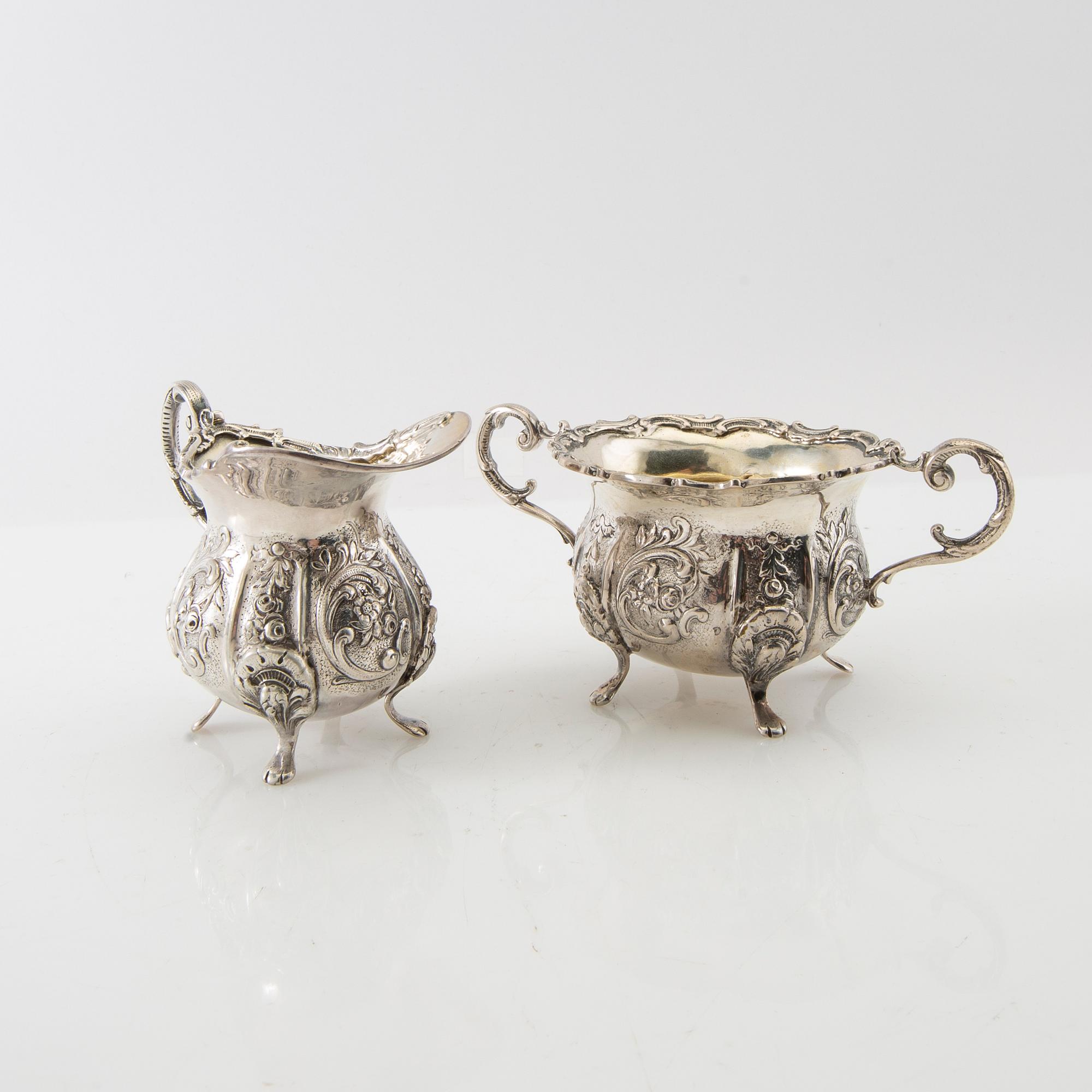 Cream jug and sugar bowl, silver, Swedish import marks, Rococo style, first half of the 20th century.