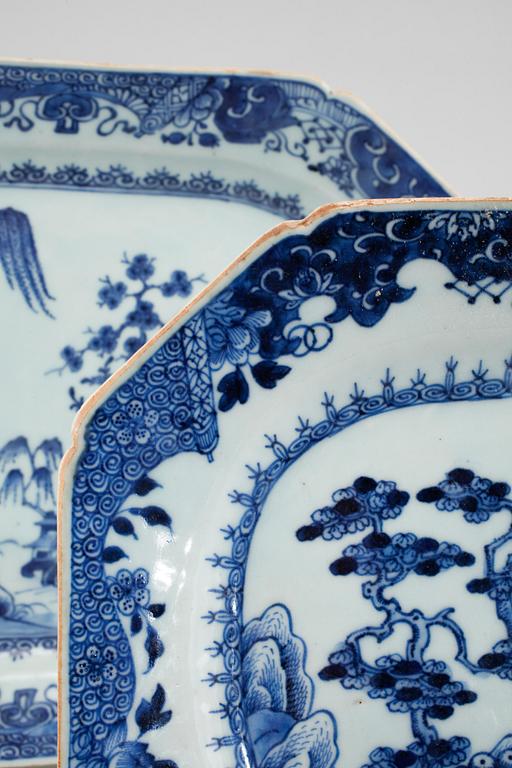 Three porcelain chinese blue and white serving dishes.