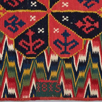 A CARRIAGE CUSHION, "Three rosettes", double interlocked tapestry,  ca 47,5 x 120  cm, signed and dated HMD 1815,