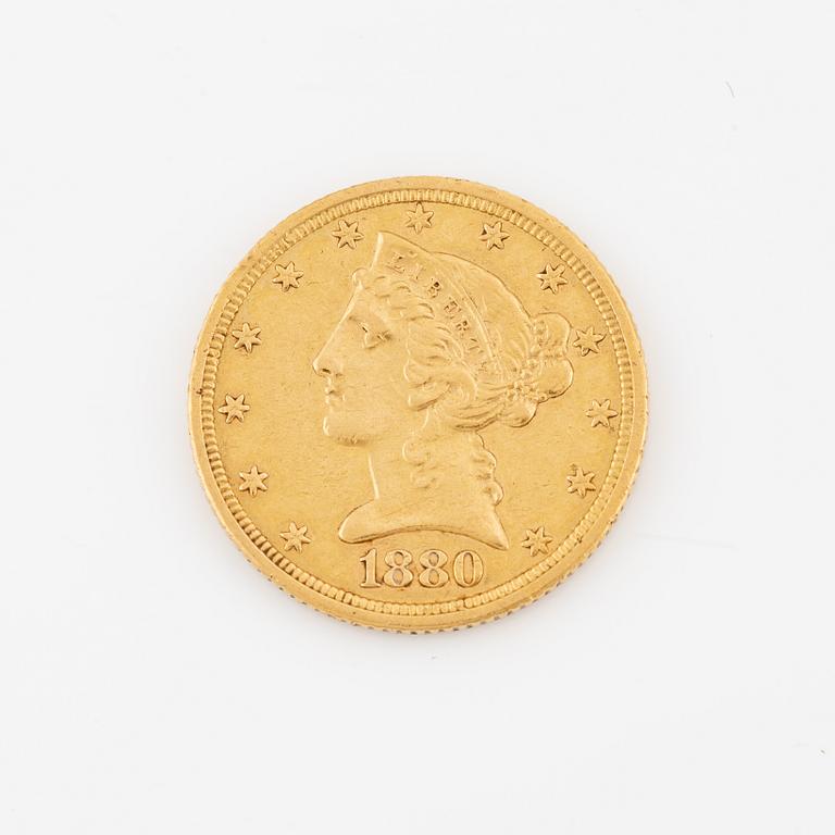 A US 5 dollar goldcoin 1880,