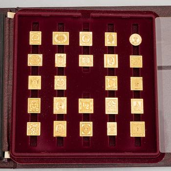 Franklin Mint, frimärksavbildningar, 73 st, förgyllt silver, "The world's first stamps", 1979.
