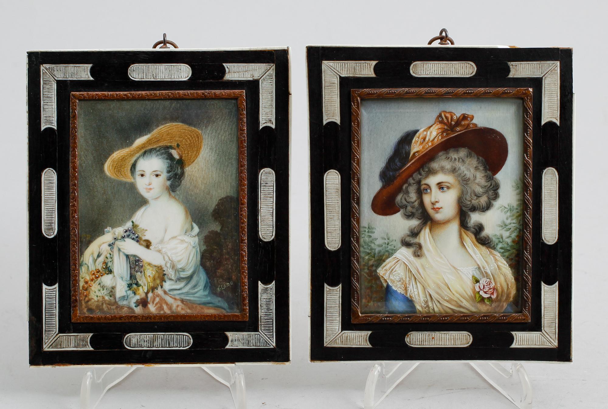 MINIATYRMÅLNINGAR, 2 st, gouacher, signerade K Leno och K Smith, 1900-talets första hälft.