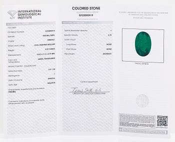 A 14K gold ring, with an oval-cut emerald approx. 2.22 ct. Finnish hallmarks 1982. With IGI certificate.