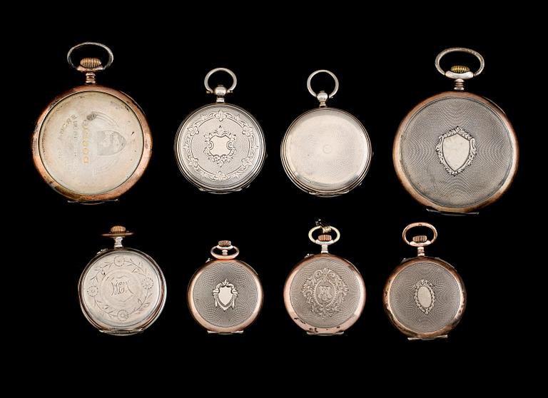 FICKUR, 8 st, varav 6 damur, silver och vitmetall, 1900-talets första hälft.
