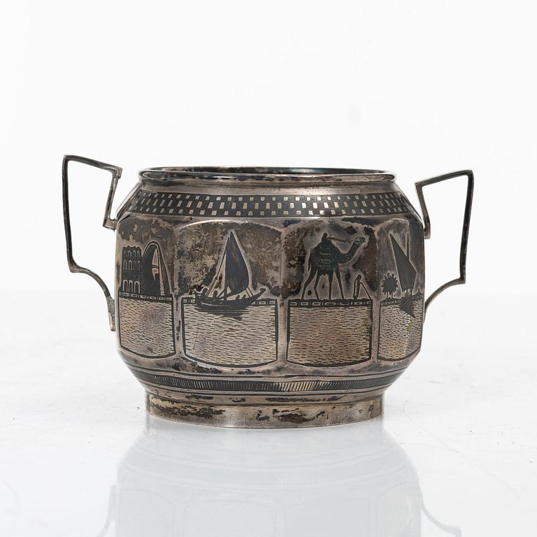 Tray and sugar bowl, silver, Iraq, first half of the 20th century.