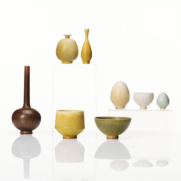 Berndt Friberg, a set of 5 stoneware miniature vases and 3 bowls, Gustavsberg studio, Sweden 1957-66.