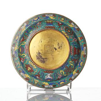 A cloisonne 'Sanskrit' dish, Qing dynasty, with a Qianlong mark and of the period (1736-95).