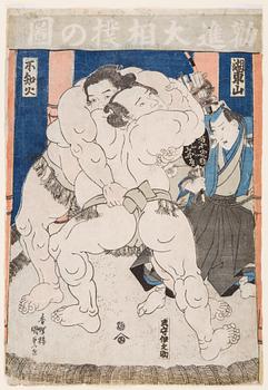 KUNISADA UTAGAWA (1786-1865), färgträsnitt. Japan, 1800-tal. 'Sumobrottare i kamp'.