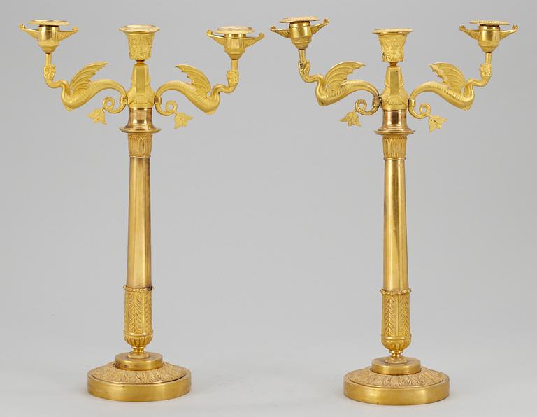 A pair of Empire three-light candelabra, probably Sweden.