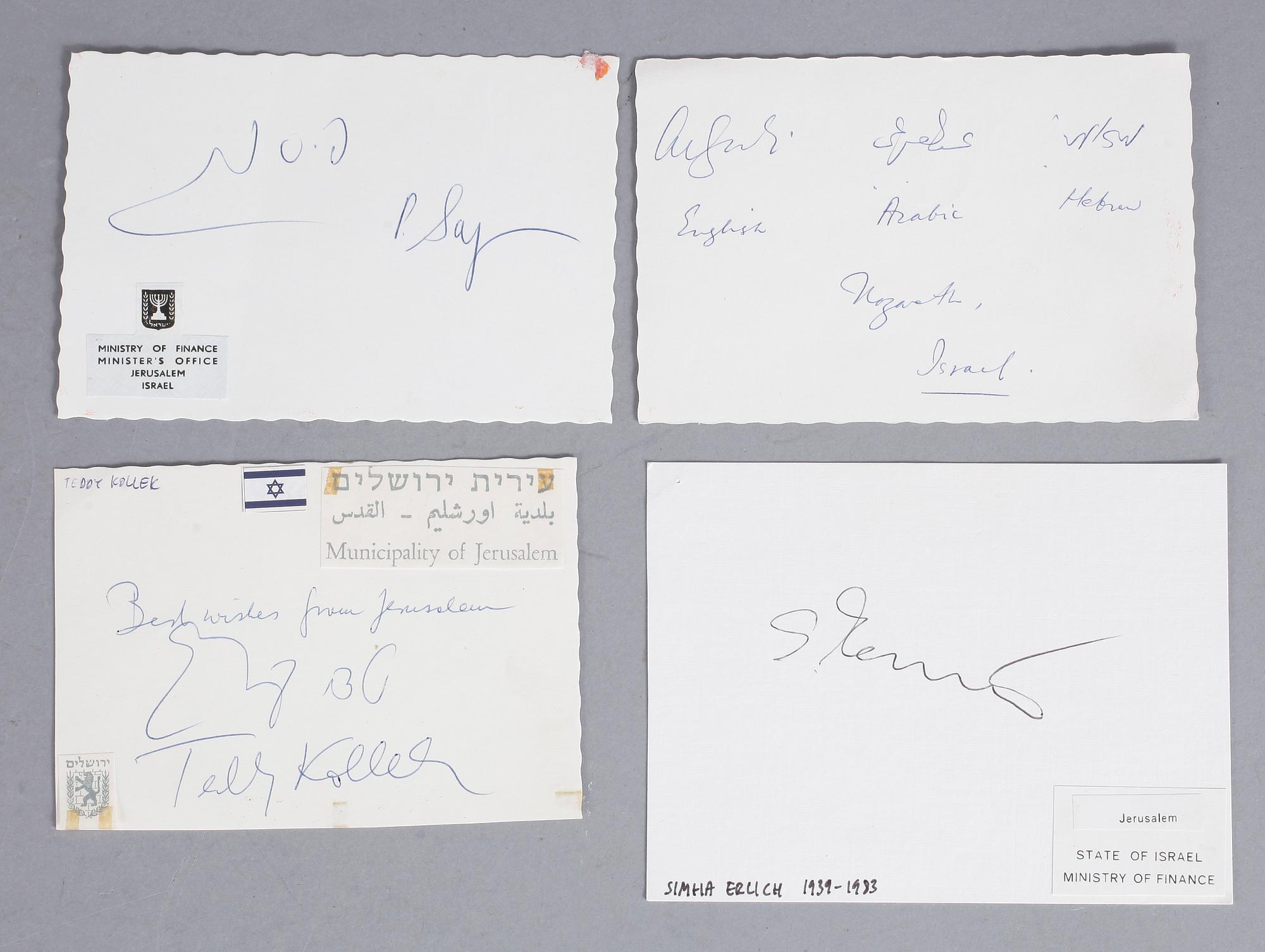 SAMLING AUTOGRAFER, ISRAEL, 20 st, mest politiker och militärer, bla President Ephraim Katzir, 1900-talets andra hälft.