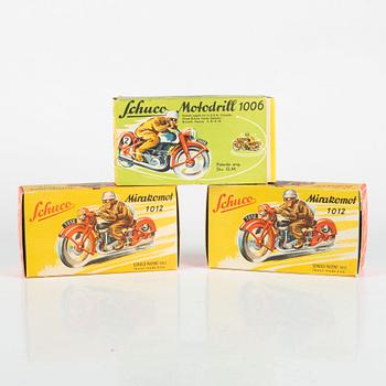 Schuco, motorcycles 3 pcs, "Mirakomot 102" and "Motodrill 1006", Germany, mid-20th century.
