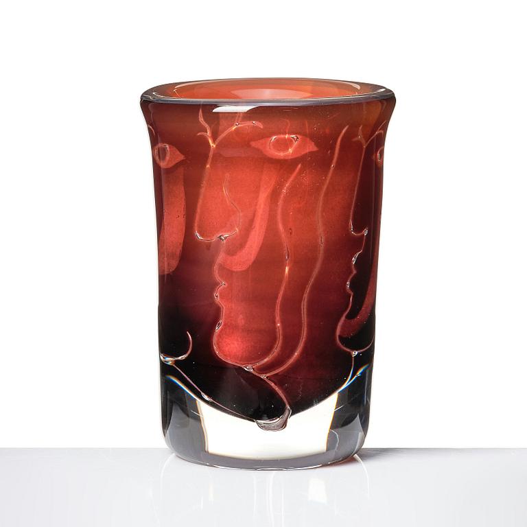 Ingeborg Lundin, a burgundy ariel glass vase 'Ansikten' (Faces), Orrefors, Sweden 1971, executed by master glassblower John Johansson.