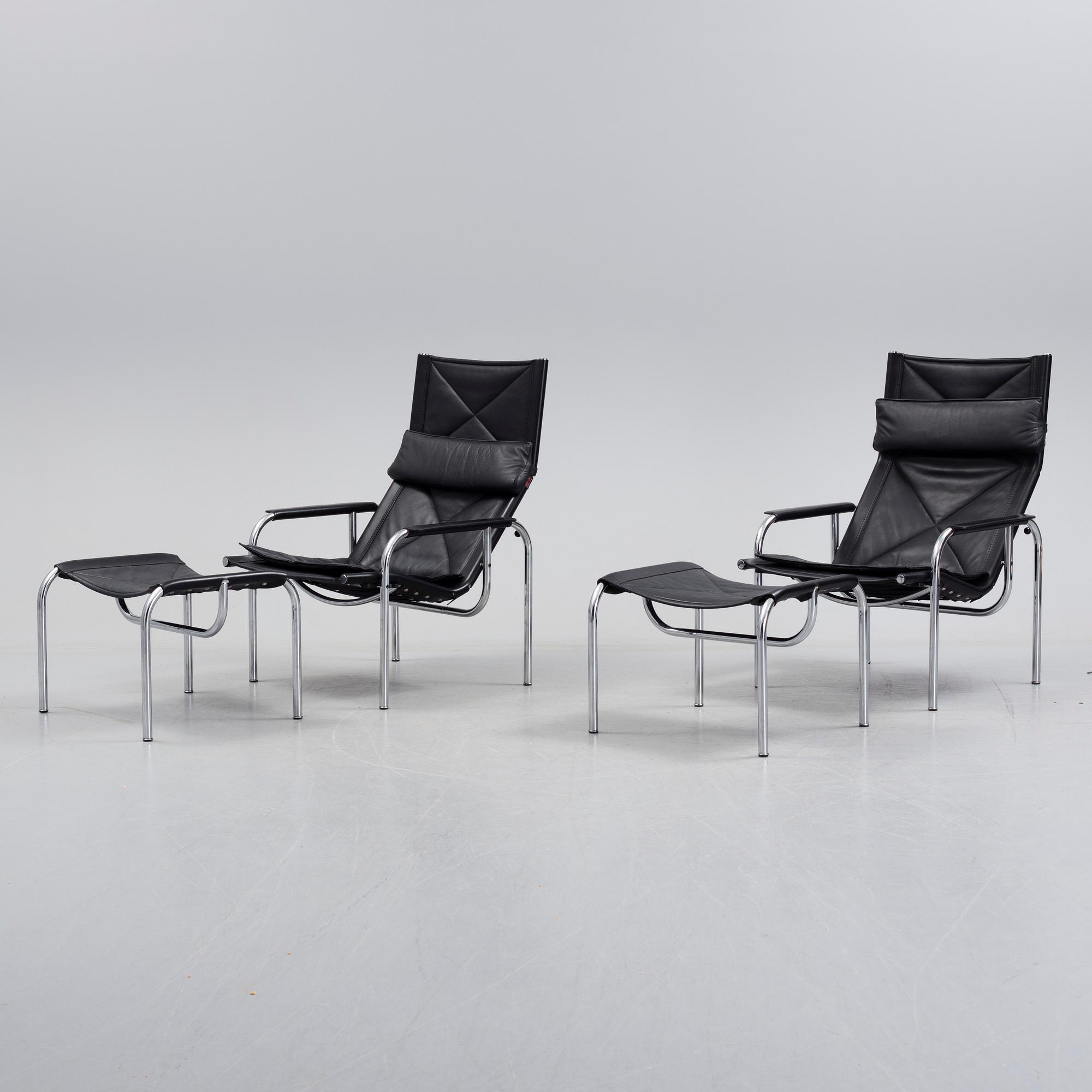 A pair of easy chairs and ottoman, designed by Hans Eichenberger, Strässle, Switzerland.