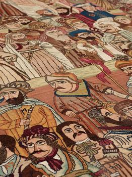 ANTIQUE KERMAN LAVER FIGURAL MASHAHIR. "The rulers of the world". 242,5 x 154,5 cm.