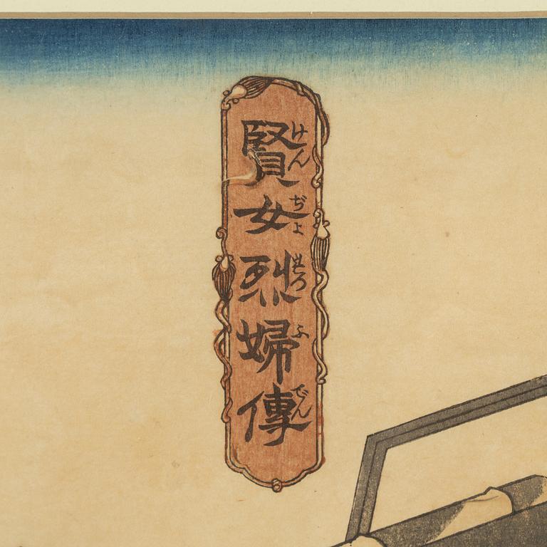 Utagawa Kuniyoshi, färgträsnitt, 3 st, Japan, 1800-talets mitt.