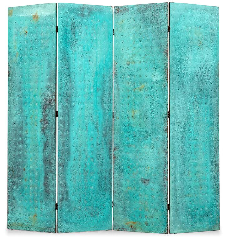A Mats Theselius copper room divider with a green patina, Källemo Sweden post 1989.