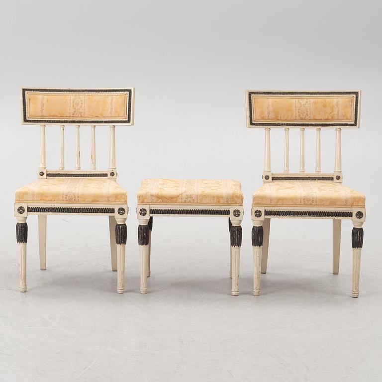 A pair  chairs and a stool, late-gustaivan style, J.O. Nyström Möbleringsaffär, Sweden, 20th century.