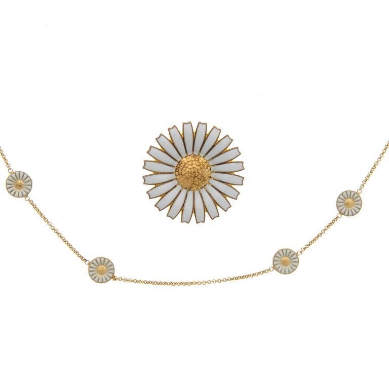 GEORG JENSEN, RING and NECKLACE, "Daisy", goldplated silver, white enamel.