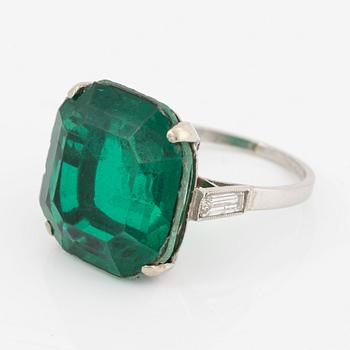Ring, cocktail ring, platinum with synthetic emerald and baguette-cut diamonds, probably circa 1960s.