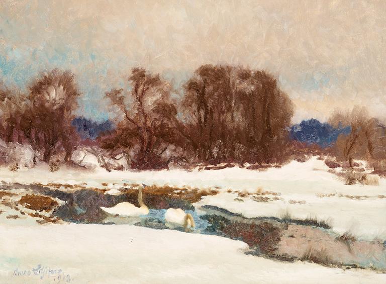 Bruno Liljefors, Swans in a winter landscape.