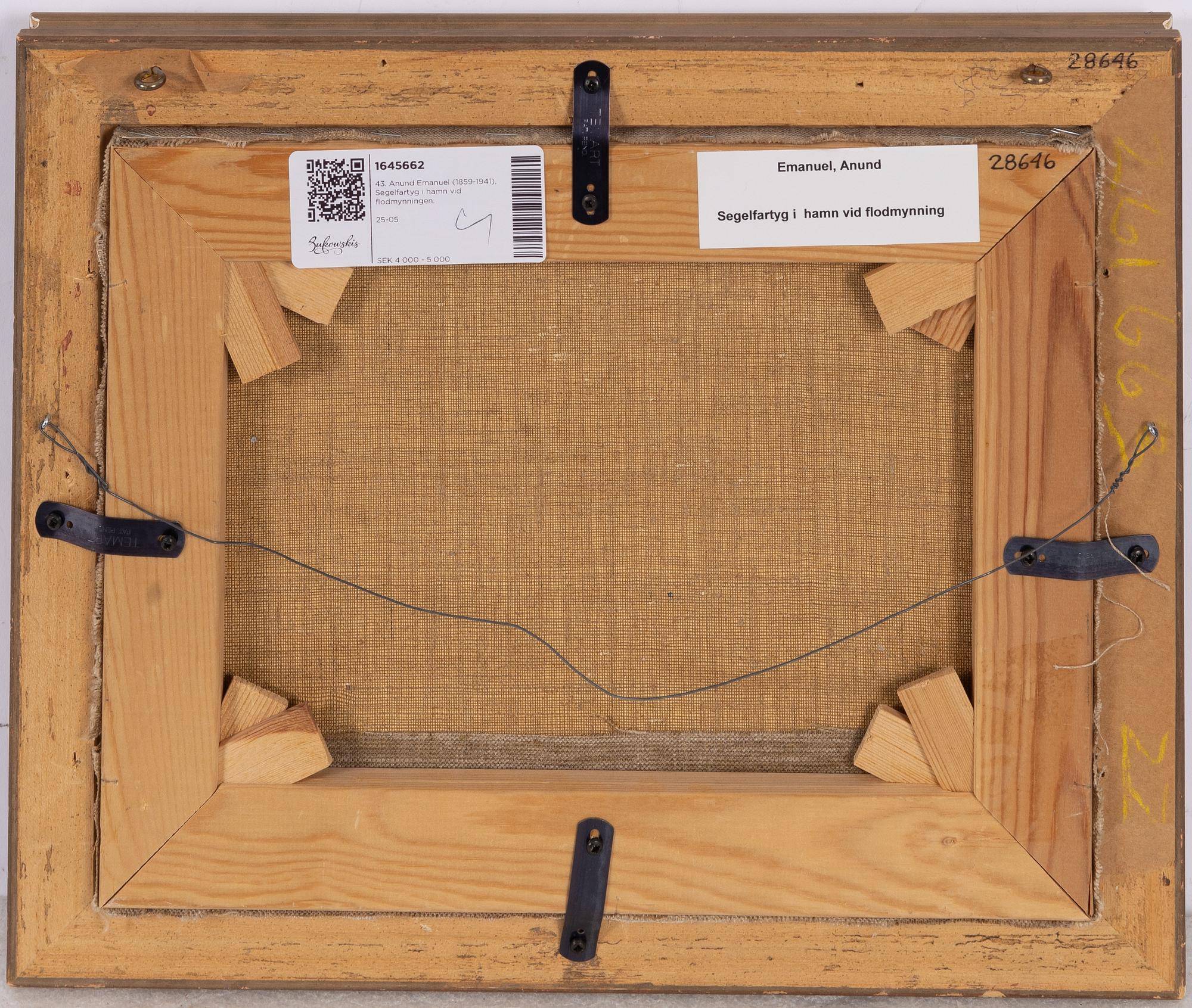 Anund Emanuel (Svensson), Anund Emanuel, Segelfartyg i hamn vid flodmynningen.