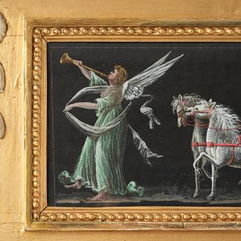 A late Gustavian giltwood and gouache-inset mirror attributed to Hedberg & Lindblad, (Stockholm 1802-05).