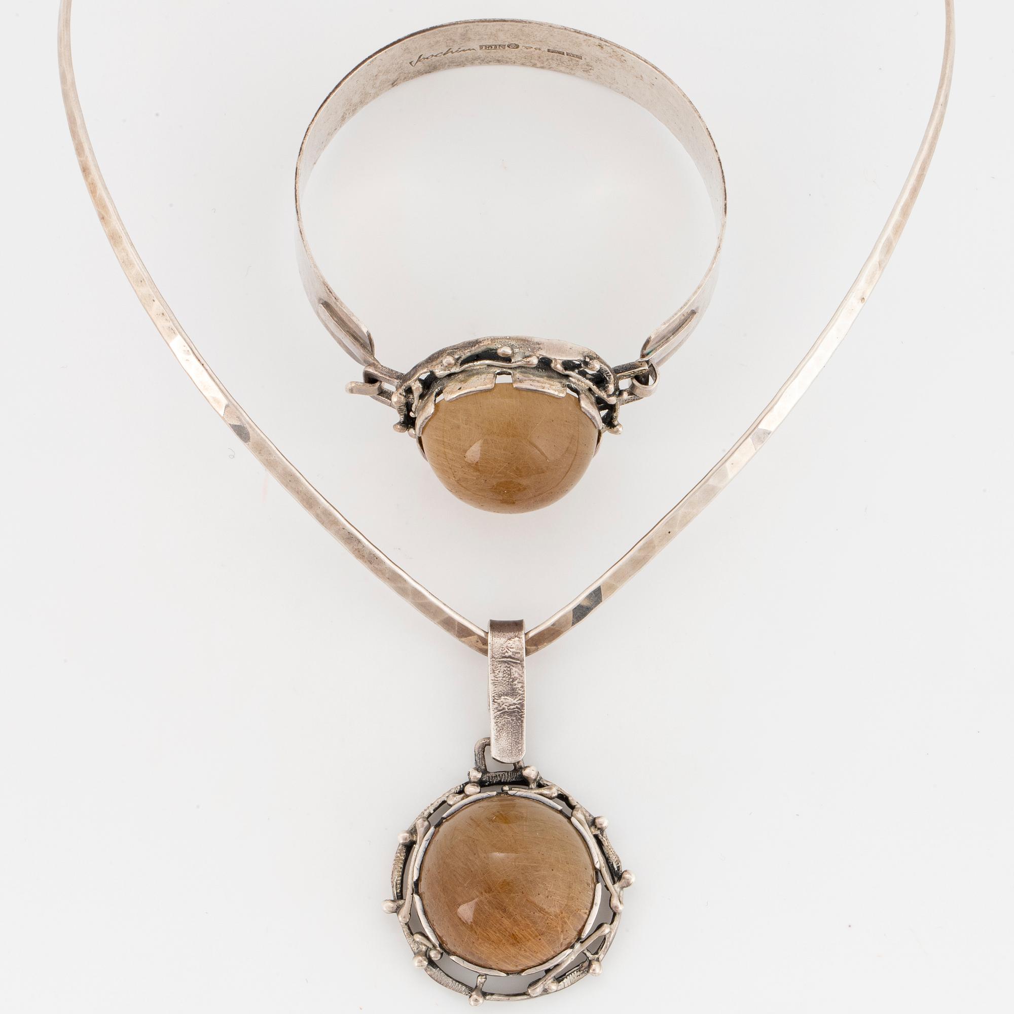 Bangle and pendant silver with cabochon cut rutile quartz, Klintz, necklace Alton.