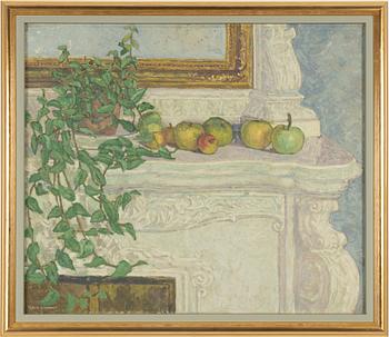 Louis Lindholm, Manteau de cheminée avec plante en pot et pommes (Mantlepiece with potted plant and apples).