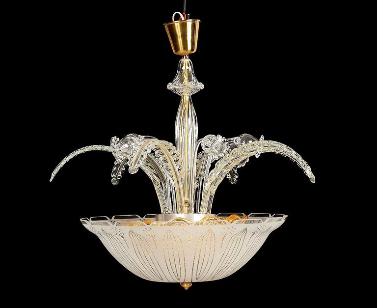 TAKLAMPA, glas, Orrefors, modell RD 1148/1-8. Carl Fagerlund, 1950. H 70.