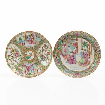 A matched set of 14 famille rose 'Canton' dinner plates, Qing dynasty, 19th century.
