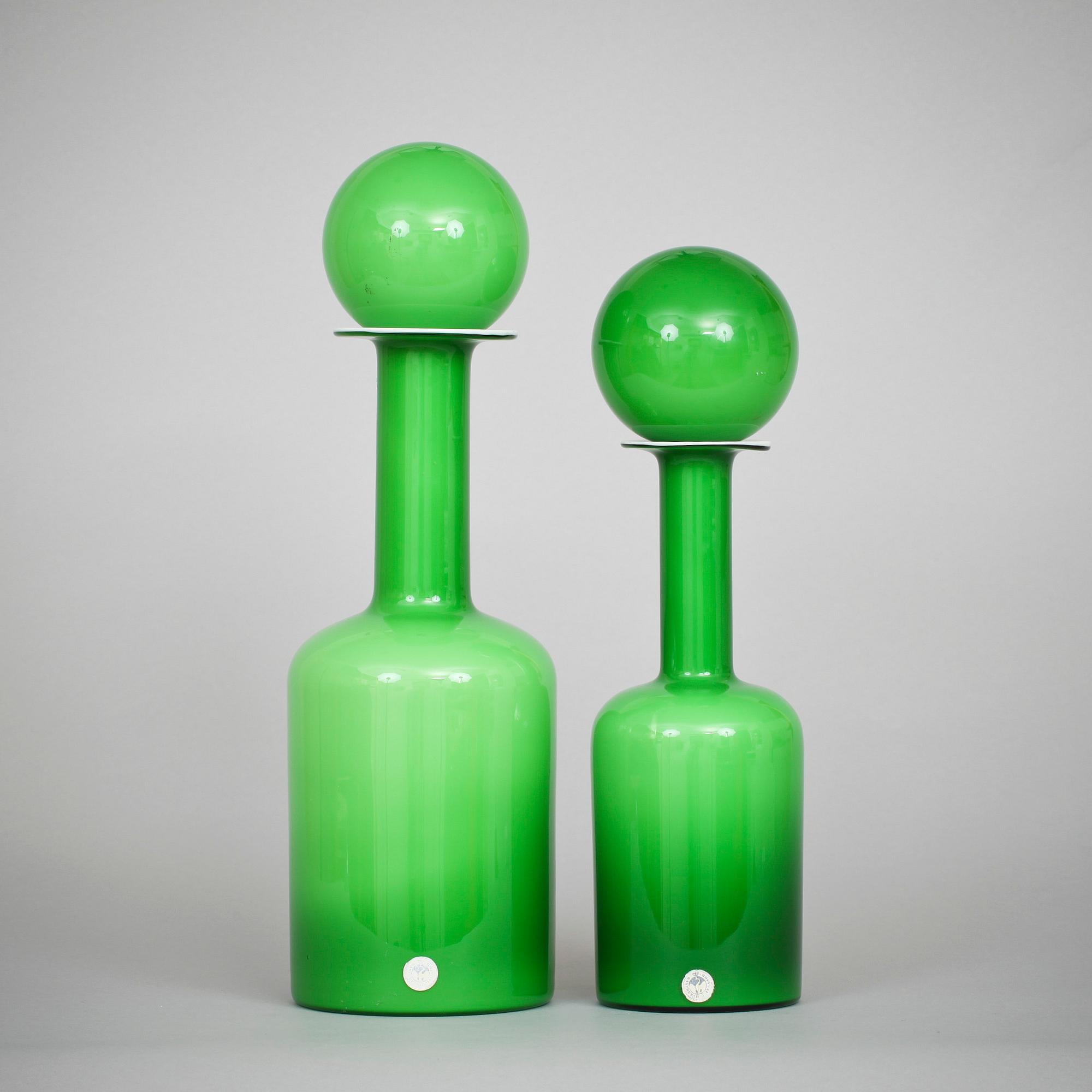 KARAFFER MED PROPP, 2 st, glas, Holmegaard, Danmark, etikettmärkt, 1900-talets andra hälft.