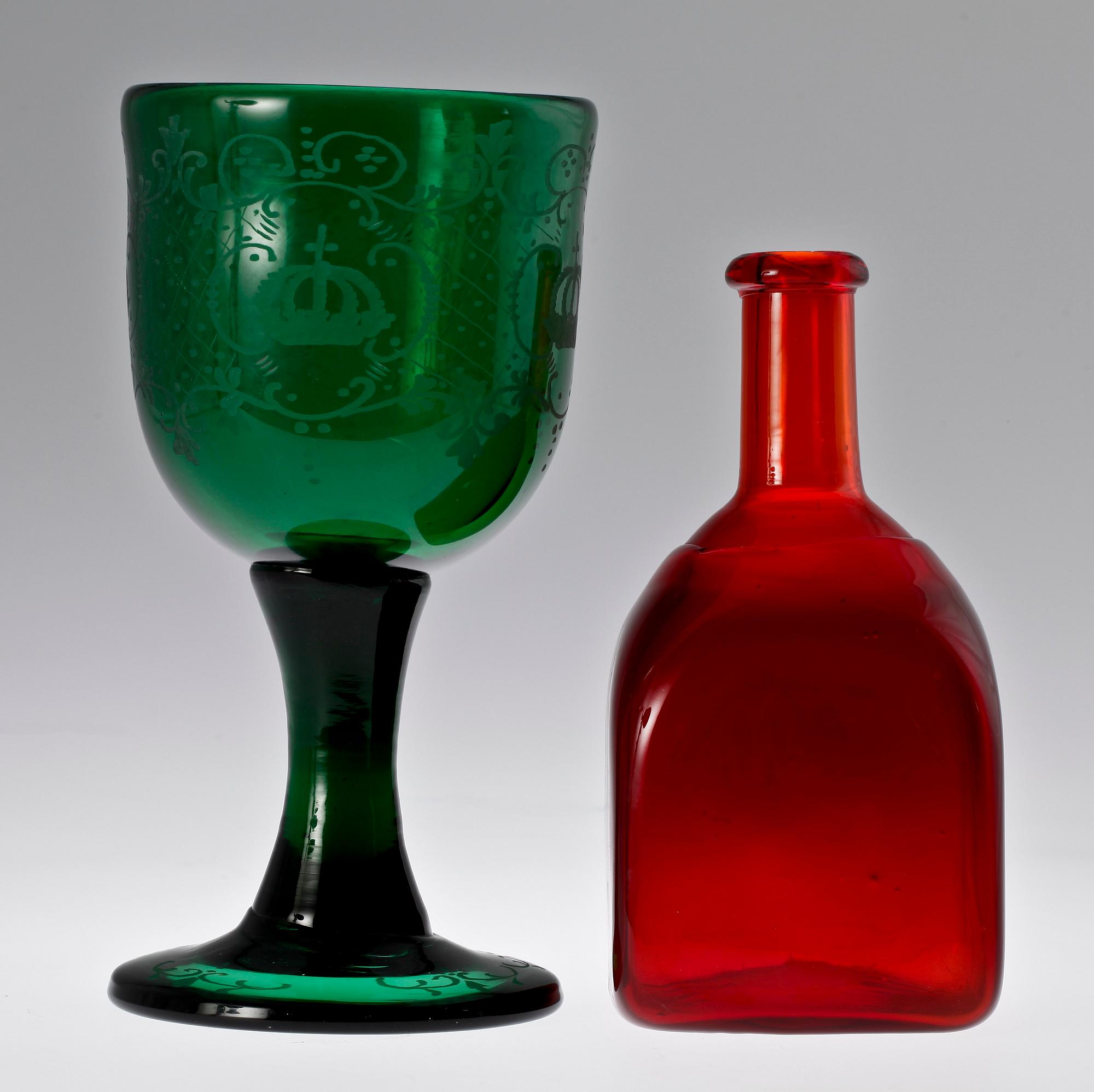 FLASKA samt GLAS, glas, 1900-tal.