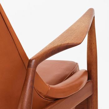 Ib Kofod-Larsen, a teak and brown leather "Seal" armchair, Olof Persons Fåtöljindustri (OPE), Sweden 1950's-60's.