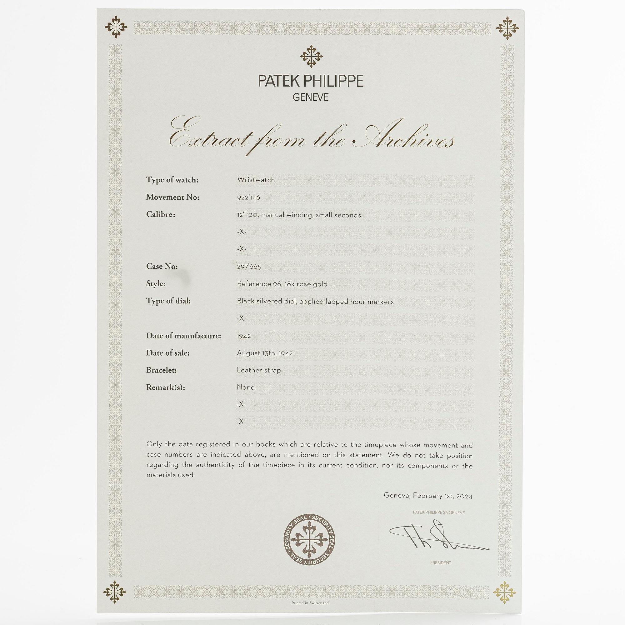 Patek Philippe, Calatrava, "Rose Gold 96", ca 1942.