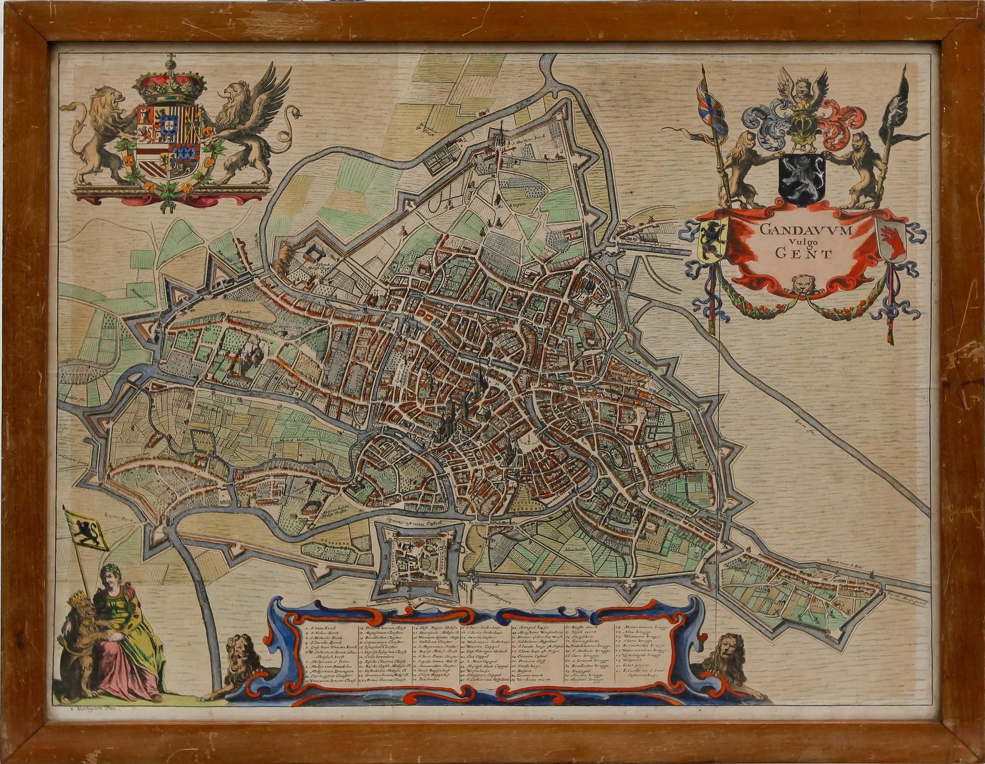 KARTA, 1700-/1800-tal, över staden Gent.