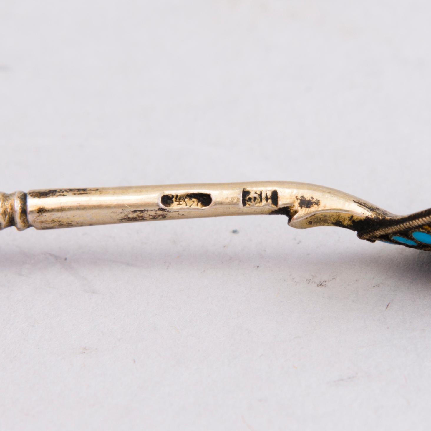 KAFFESKEDAR 6+1, emalj och silver, Ryssland ca 1900.