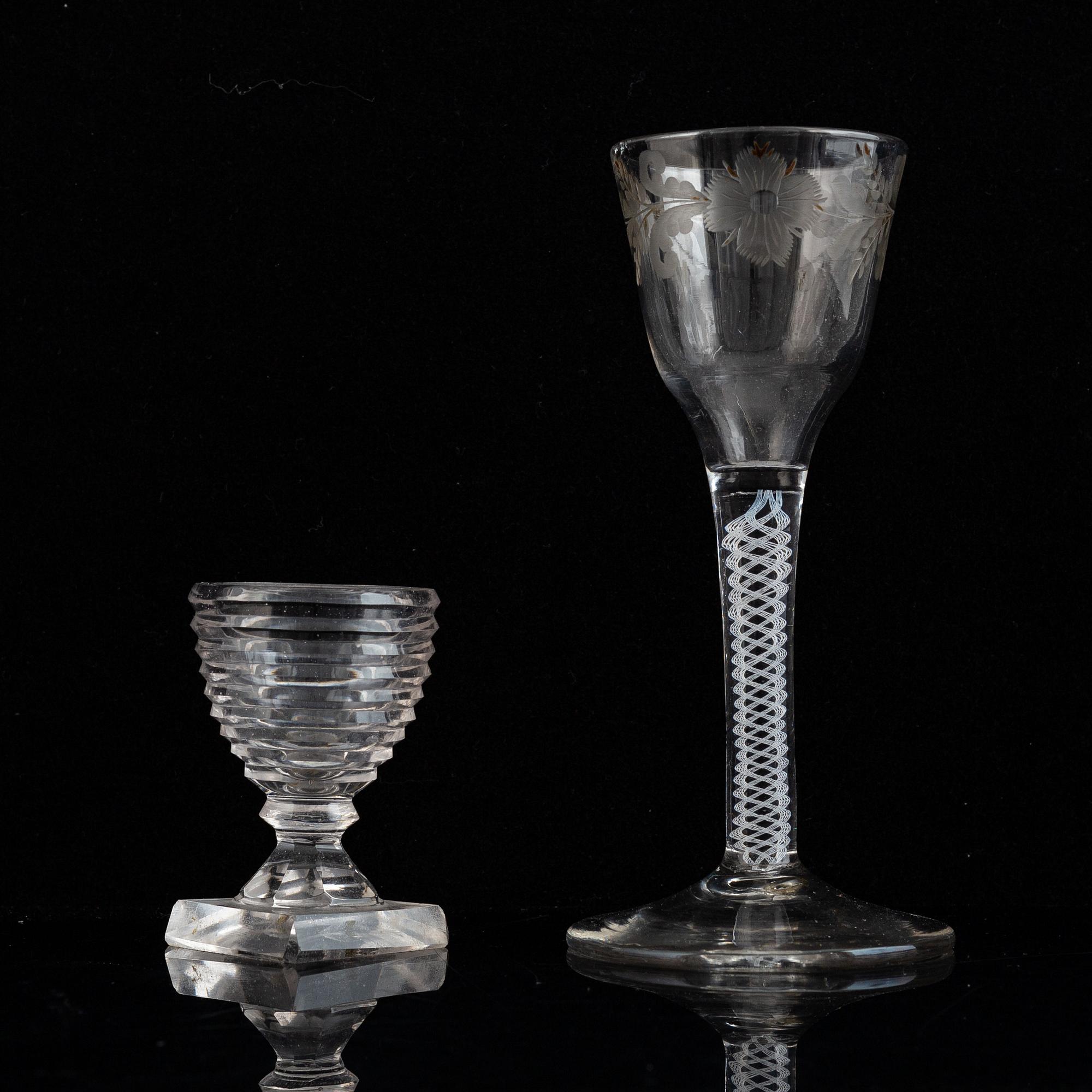 Two glasses, one of the presumably English, 18th Century.