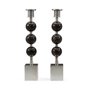 103. Sigurd Persson, a pair of silver plated and porphyry candlesticks, Sweden.