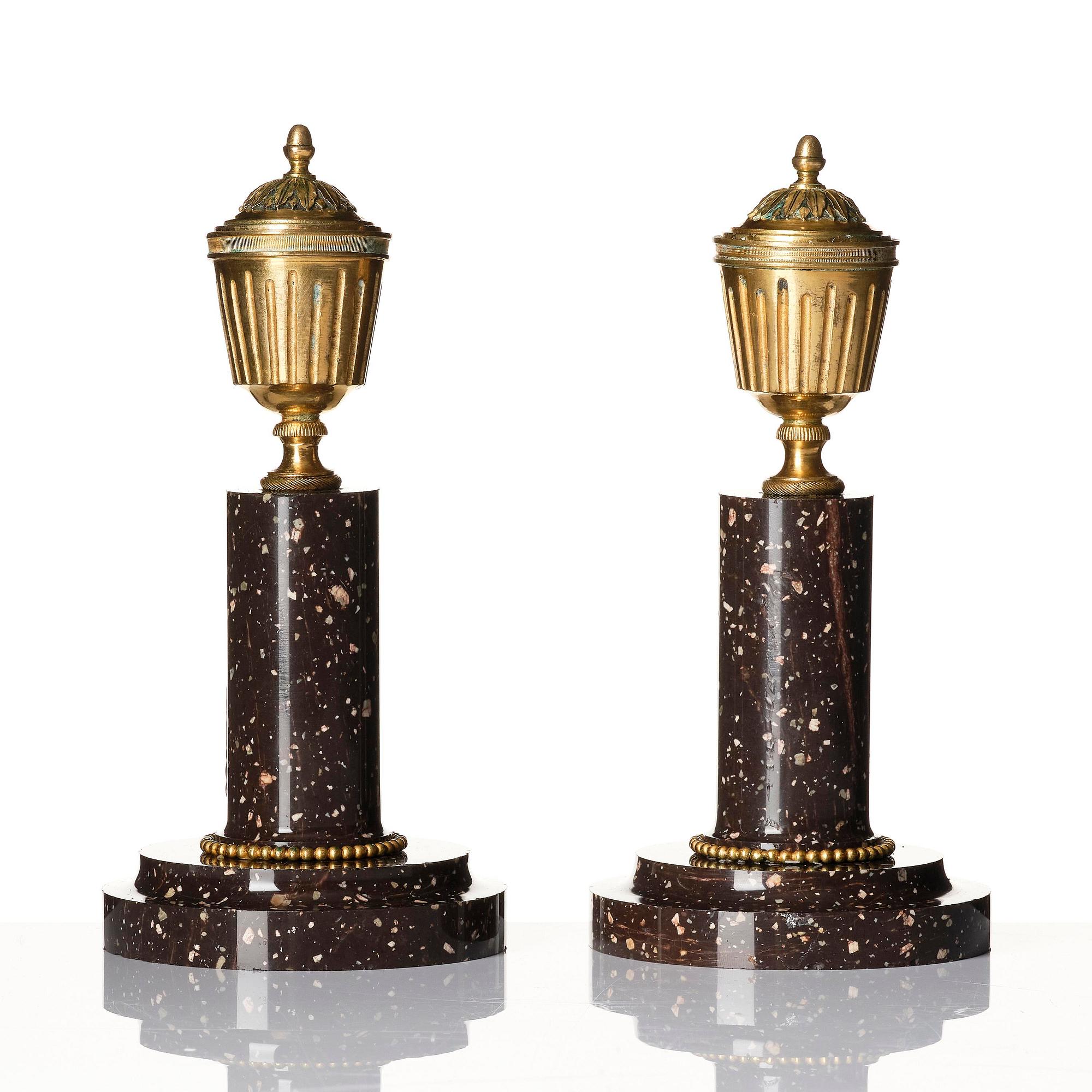 A pair of late Gustavian Swedish porphyry and ormolu cassolettes.