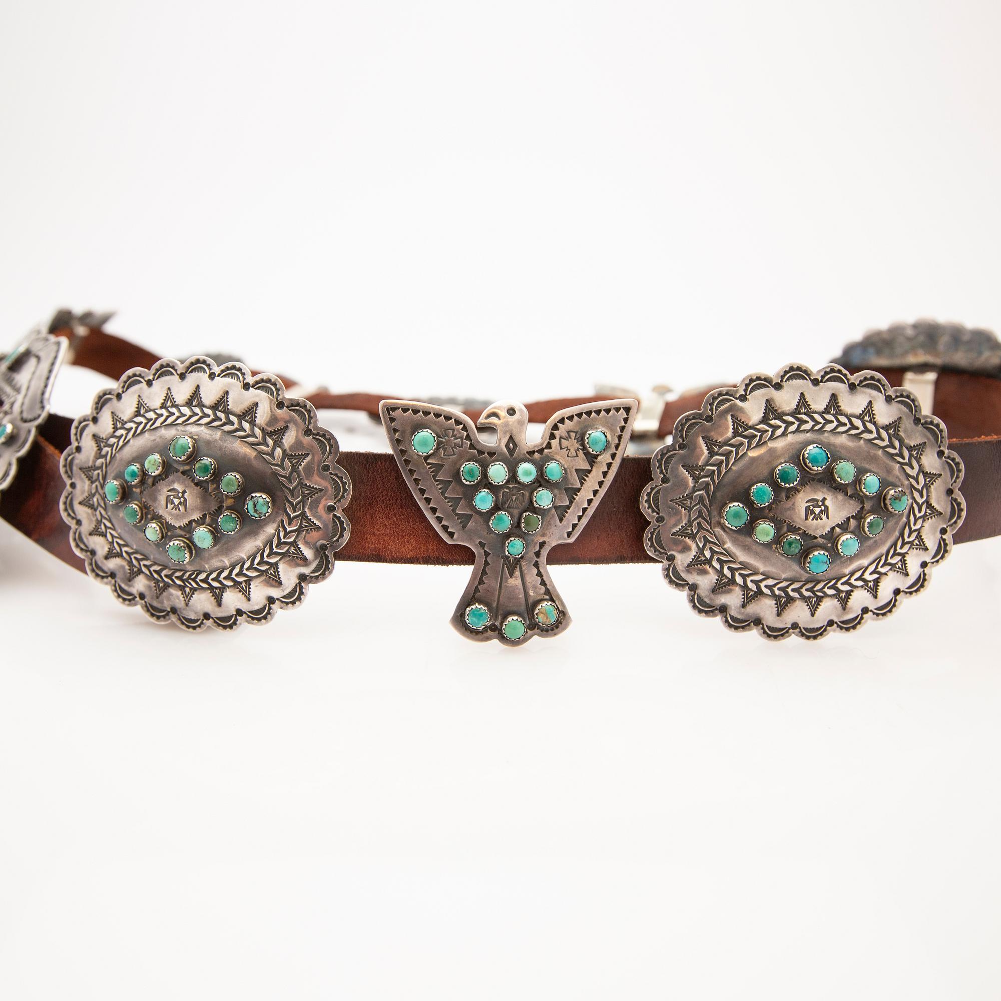 Belt with 12 buckles, silver with set turquoises.