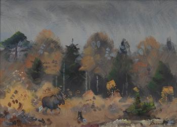 Lindorm Liljefors, Höstlandskap med älg och hund.