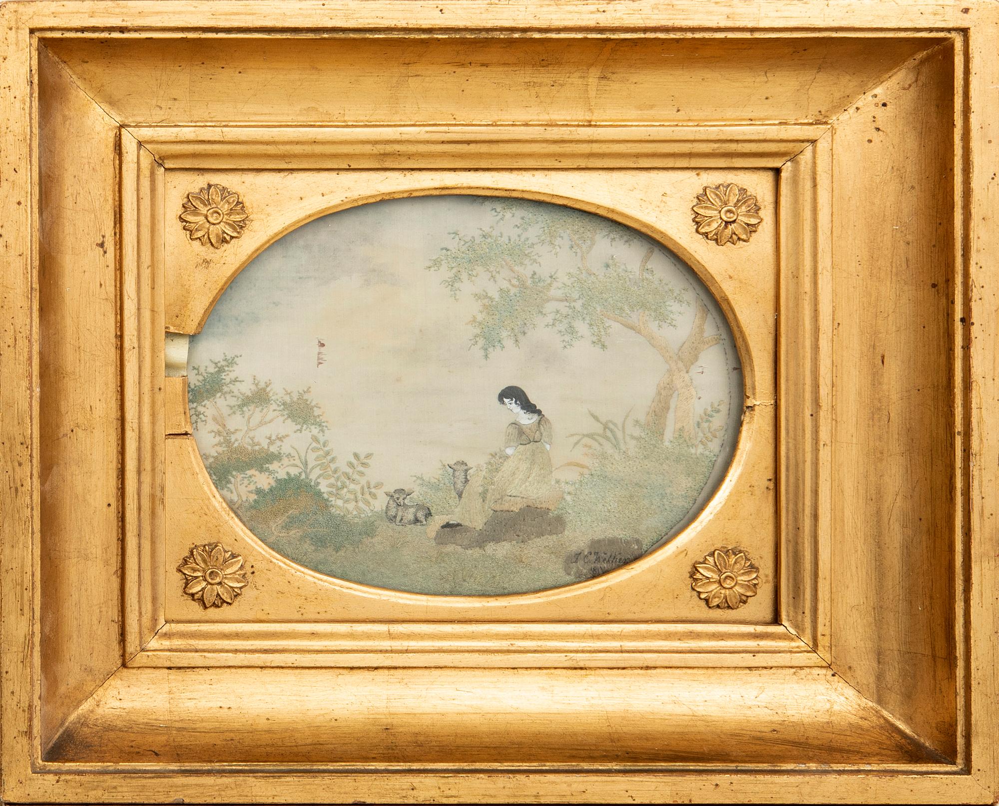 Embroidered pictures a pair of late Gustavian early 19th century.