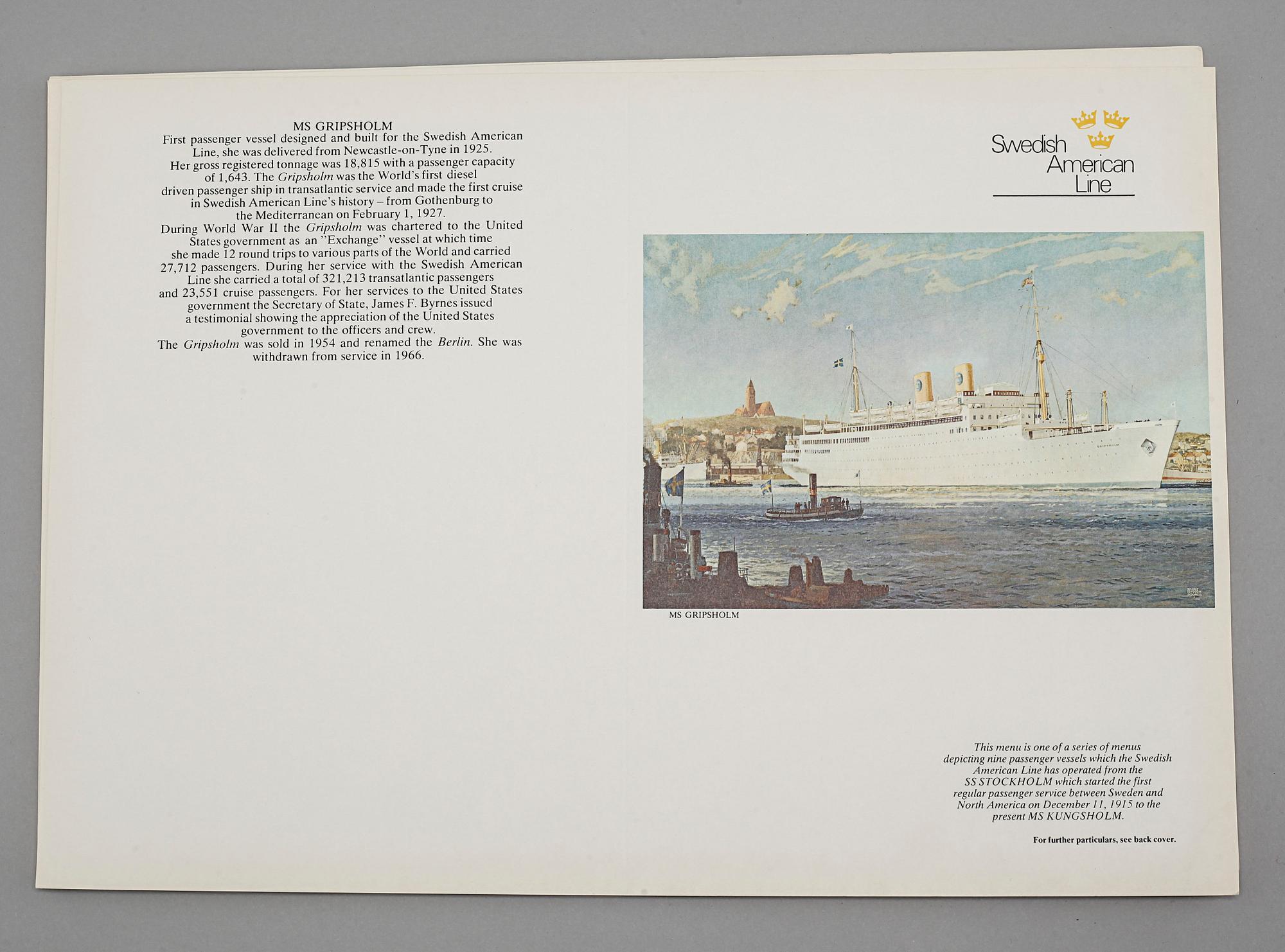 Memorabilia from the Swedish American Line, meny folders and postcards, 20th century.