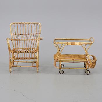 SERVERINGSVAGN samt FÅTÖLJ, rotting, 1900-talets andra hälft.