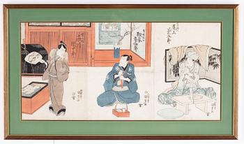 Utagawa Kunisada, triptyk, färgträsnitt. Japan, 1800-tal.