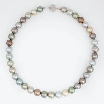 A multi-coloured Tahitian cultured pearl necklace.