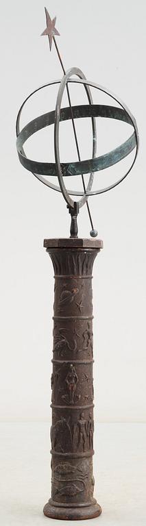 A Johannes Dahl copper and black lacquered cast iron sundial on column, Näfveqvarns Bruk.